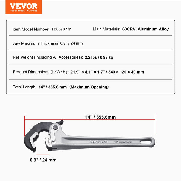 Pipe Wrench 14" Aluminum Straight Automatic Jaw Adjustment Adjustable Plumbing Easy To Carry Ergonomic Handle Hangable Design For Water Pipes Automoti