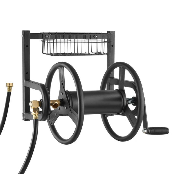 Wall Mounted Garden Hose Reel 125Ft 5/8 In Metal With Basket Hose Reels & Storage