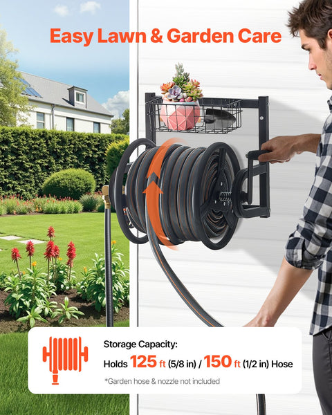 Wall Mounted Garden Hose Reel 125Ft 5/8 In Metal With Basket Hose Reels & Storage