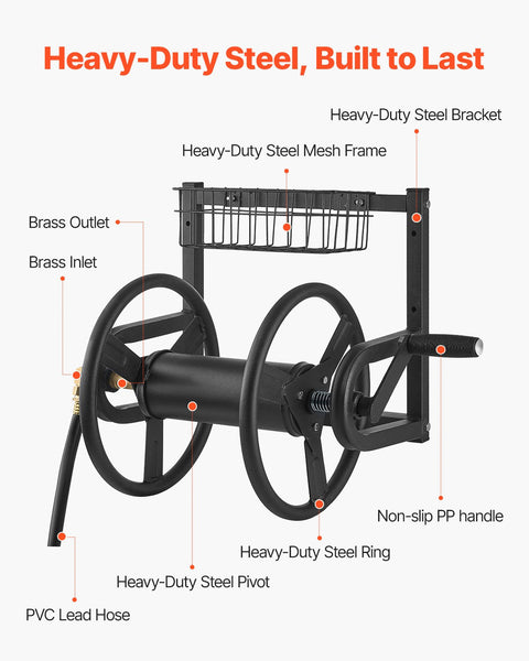 Wall Mounted Garden Hose Reel 125Ft 5/8 In Metal With Basket Hose Reels & Storage
