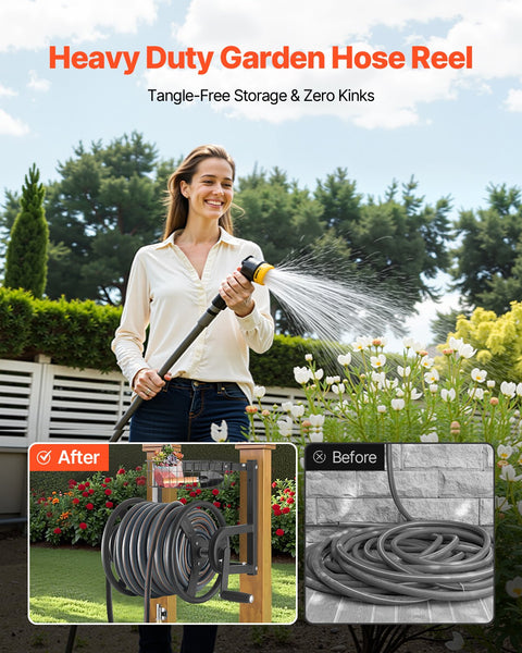 Wall Mounted Garden Hose Reel 125Ft 5/8 In Metal With Basket Hose Reels & Storage