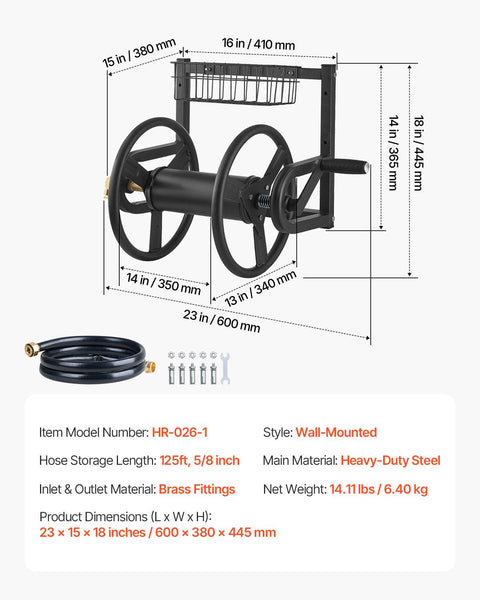 Wall Mounted Garden Hose Reel 125Ft 5/8 In Metal With Basket Hose Reels & Storage