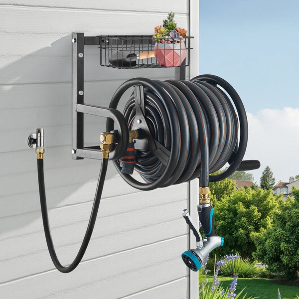 Wall Mounted Garden Hose Reel 125Ft 5/8 In Metal With Basket Hose Reels & Storage