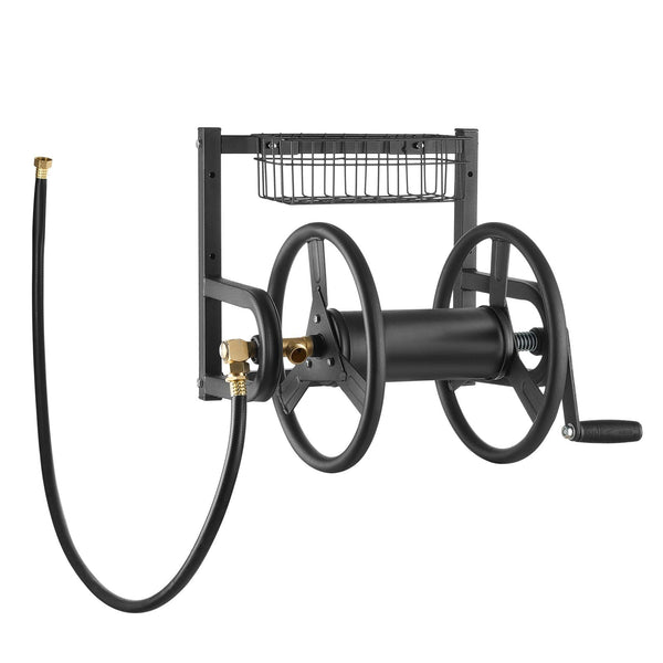 Wall Mounted Garden Hose Reel 125Ft 5/8 In Metal With Basket Hose Reels & Storage