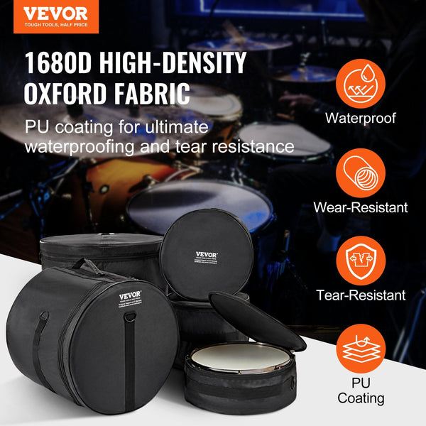 Vevor 5 Piece Drum Bag Set 1680D Oxford Fabric Padded Bags And Cases With 4.92 Ft Detachable Shoulder Strap Carry Handles Foldable Design For 55Cm Kic