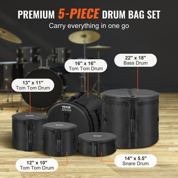 Vevor 5 Piece Drum Bag Set 1680D Oxford Fabric Padded Bags And Cases With 4.92 Ft Detachable Shoulder Strap Carry Handles Foldable Design For 55Cm Kic