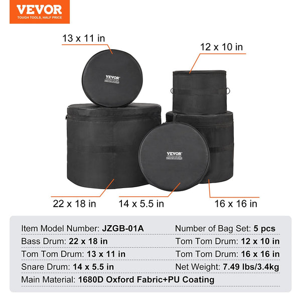 Vevor 5 Piece Drum Bag Set 1680D Oxford Fabric Padded Bags And Cases With 4.92 Ft Detachable Shoulder Strap Carry Handles Foldable Design For 55Cm Kic