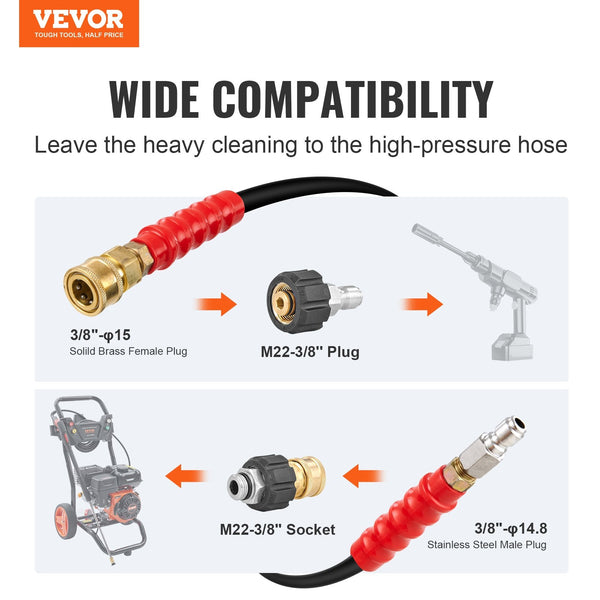 Vevor Pressure Washer Hose 100Ft Kink Free 3/8" 14.8 Male 3/8" 15 Female For Most Brand Washers 4.9'' Bending Radius 4800 Psi Heavy Duty Power Extensi