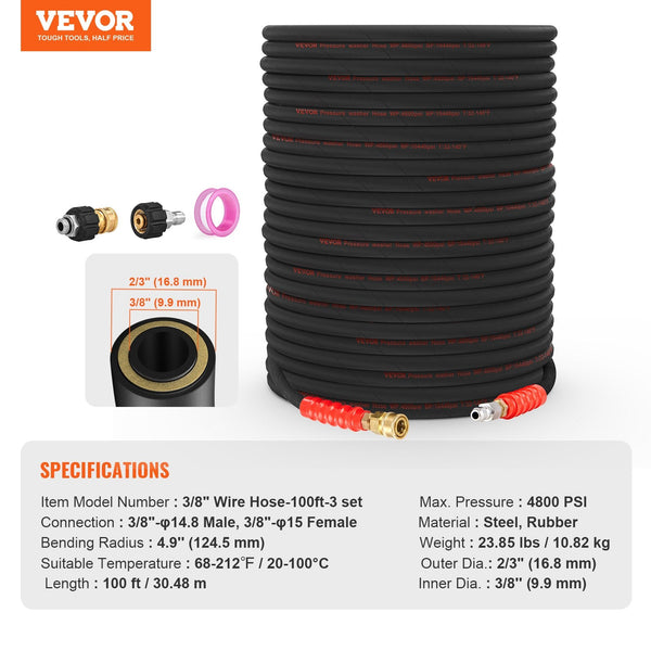 Vevor Pressure Washer Hose 100Ft Kink Free 3/8" 14.8 Male 3/8" 15 Female For Most Brand Washers 4.9'' Bending Radius 4800 Psi Heavy Duty Power Extensi