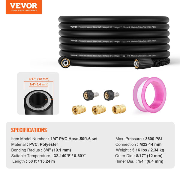 Vevor 50 Ft 3600 Psi High Pressure Power Washer Hose 1/4" Quick Connection Pressure Washers