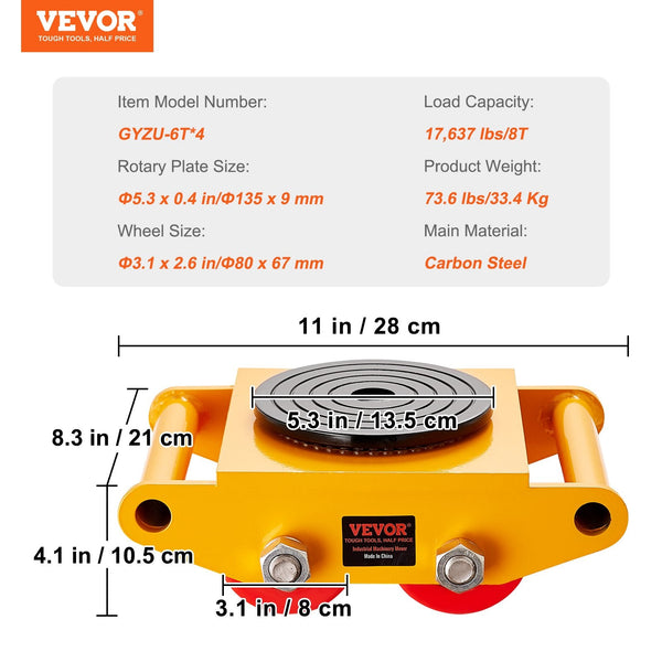 4Pcs Machinery Skate Dolly 17637Lbs/8T Industrial Mover Heavy Duty Carbon Steel Moving With Pu Wheels And 360 Rotation Non Slip Cap For Warehouse Work