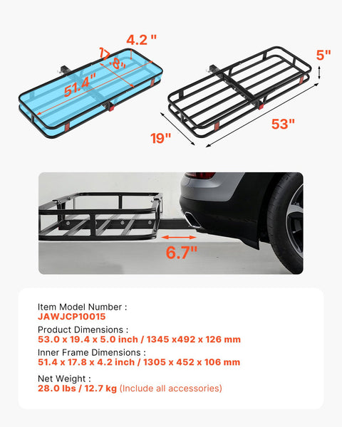 Vevor 53" X 19" 5" Hitch Cargo Carrier 500 Lbs Capacity With Stabilizer & Ratchet Straps Mount Net Hook Fit For Suvs Car Racks