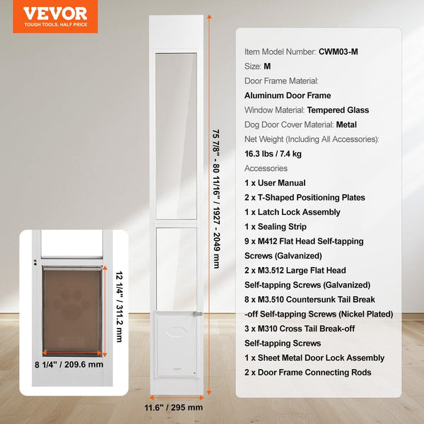 Dog Door For Sliding Glass 75 7/8" 80 11/16" Adjustable Height Doggy Doors Aluminum Frame Tempered Pet With Hinge Structure Flap And Lock Small Sized