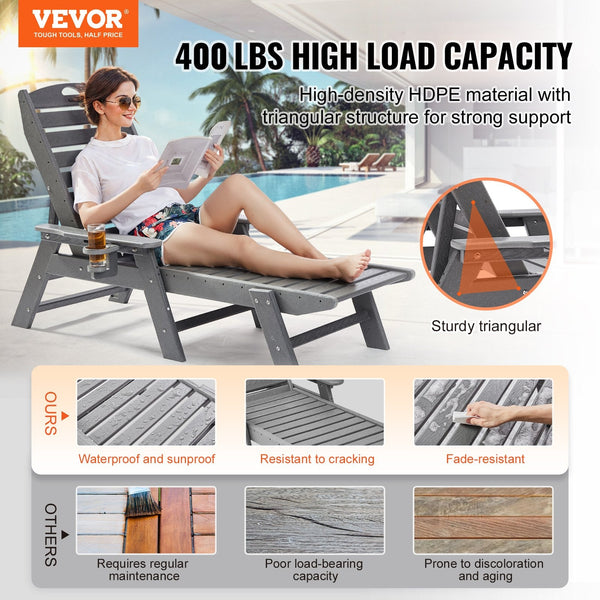 Outdoor Chaise Lounge Chair 6 Positions Reclining Patio Bench Lounger Gray Loungers