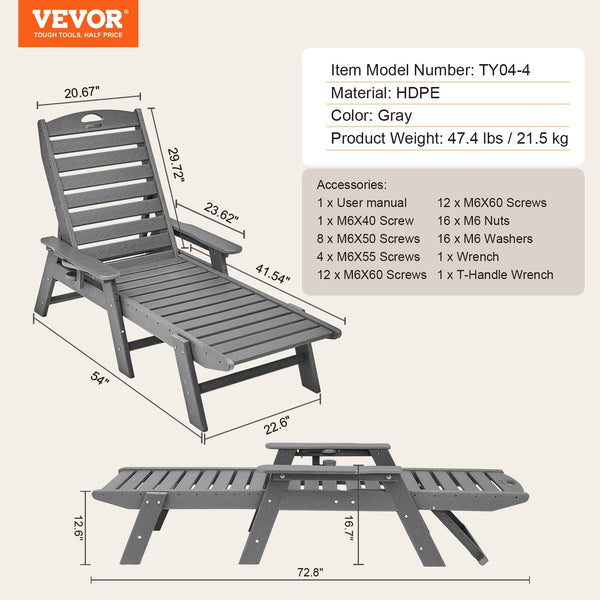 Outdoor Chaise Lounge Chair 6 Positions Reclining Patio Bench Lounger Gray Loungers