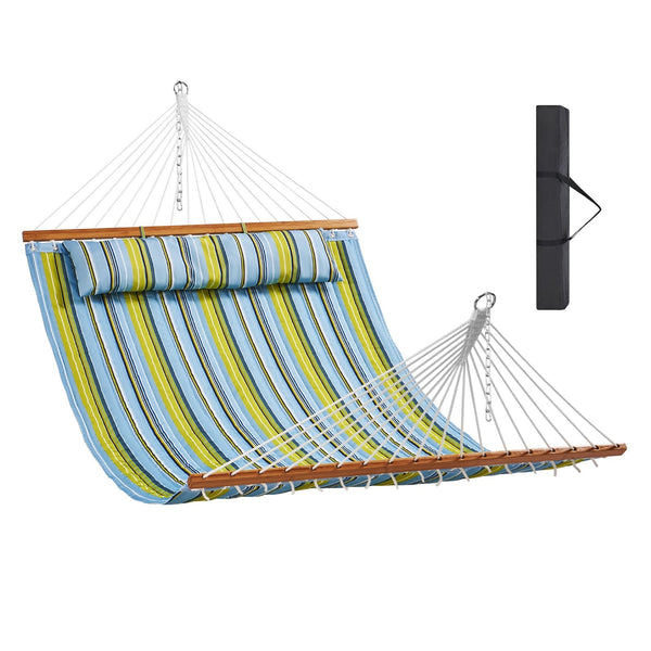 Double Quilted Hammock 12 Ft Person With Detachable Pillow And Hardwood Spreader Bars Blue Green Hammocks