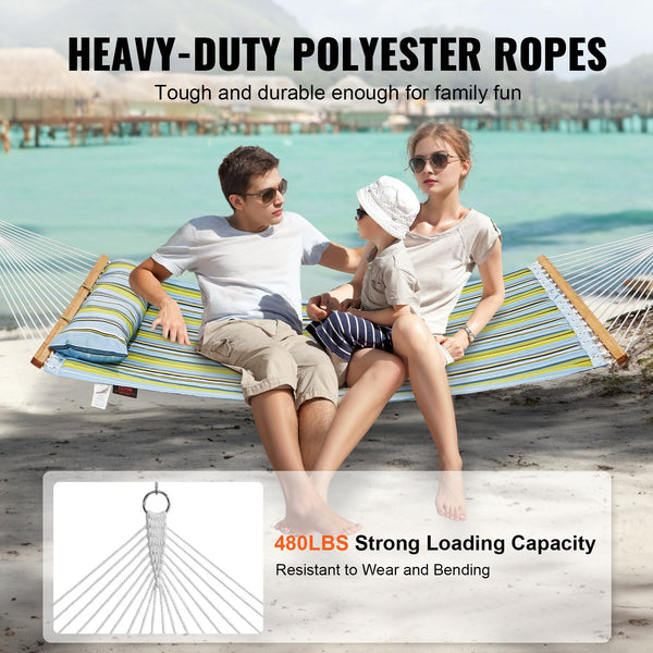 Double Quilted Hammock 12 Ft Person With Detachable Pillow And Hardwood Spreader Bars Blue Green Hammocks