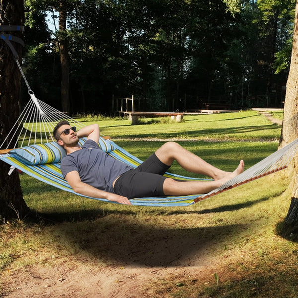 Double Quilted Hammock 12 Ft Person With Detachable Pillow And Hardwood Spreader Bars Blue Green Hammocks