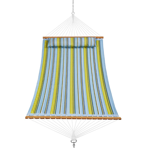Double Quilted Hammock 12 Ft Person With Detachable Pillow And Hardwood Spreader Bars Blue Green Hammocks