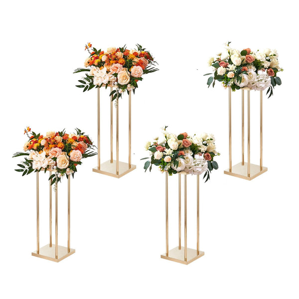 4Pcs Gold Metal Column Wedding Flower Stand 23.6Inch / 60Cm High With Laminate Vase Geometric Centerpiece Stands Cylindrical Floral Display Rack For E
