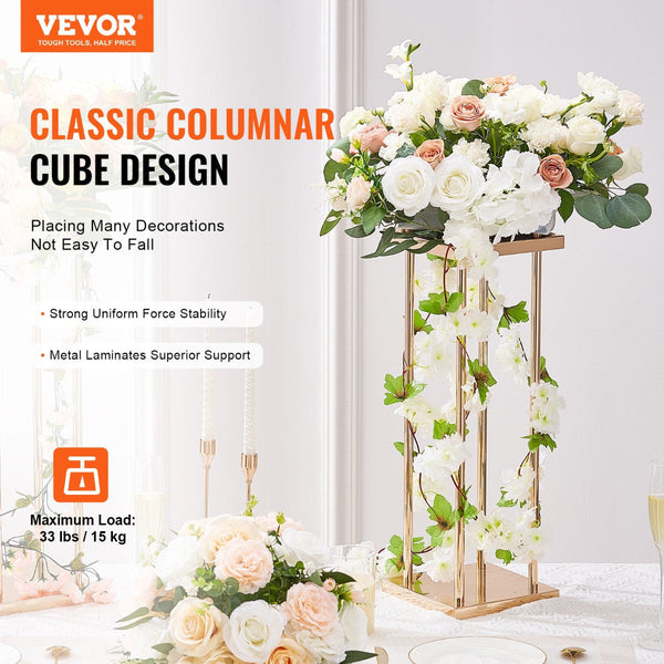 4Pcs Gold Metal Column Wedding Flower Stand 23.6Inch / 60Cm High With Laminate Vase Geometric Centerpiece Stands Cylindrical Floral Display Rack For E