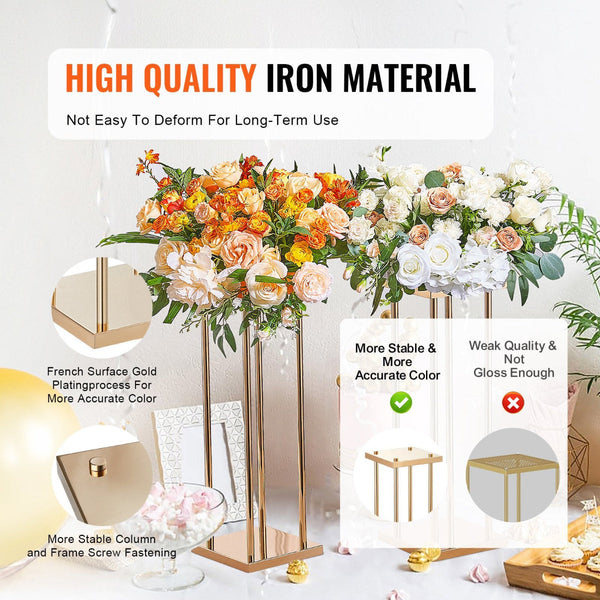 4Pcs Gold Metal Column Wedding Flower Stand 23.6Inch / 60Cm High With Laminate Vase Geometric Centerpiece Stands Cylindrical Floral Display Rack For E