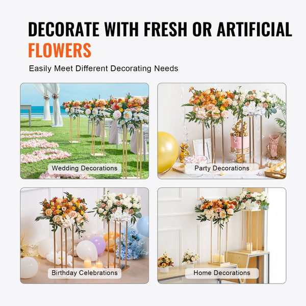 4Pcs Gold Metal Column Wedding Flower Stand 23.6Inch / 60Cm High With Laminate Vase Geometric Centerpiece Stands Cylindrical Floral Display Rack For E