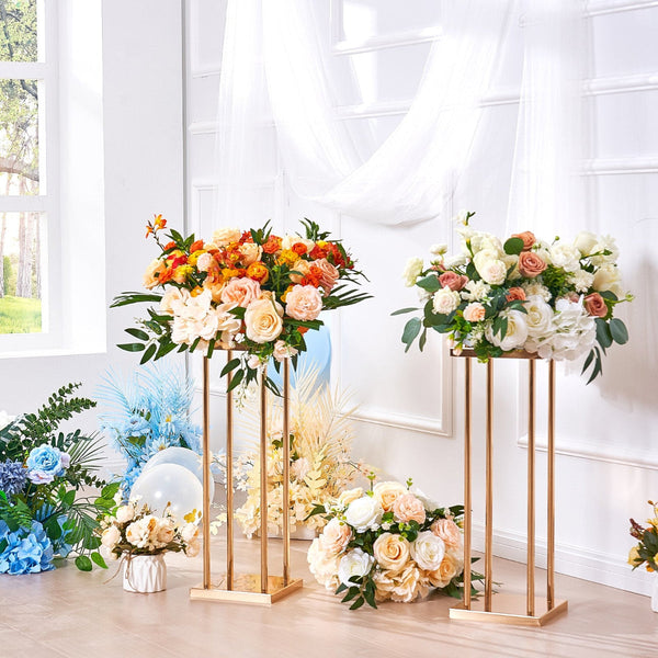 4Pcs Gold Metal Column Wedding Flower Stand 23.6Inch / 60Cm High With Laminate Vase Geometric Centerpiece Stands Cylindrical Floral Display Rack For E