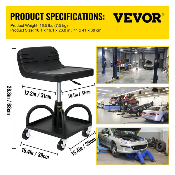 Vevor Rolling Garage Stool 300Lbs Adjustable Mechanic Work Shop Seat W/Casters Mechanic Roller Seats