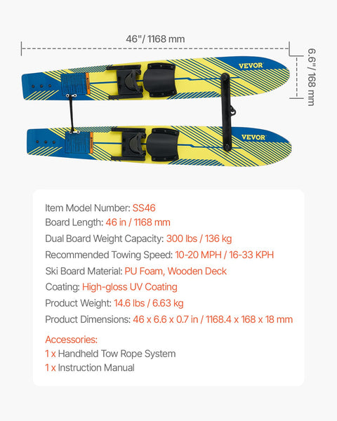 Water Skis 116.8 Cm / 46 Inch Trainers With X 7 Adjustable Bindings Double Handle Rope & Removable Stabilizing Bar Training Waterskis Combo For Youth