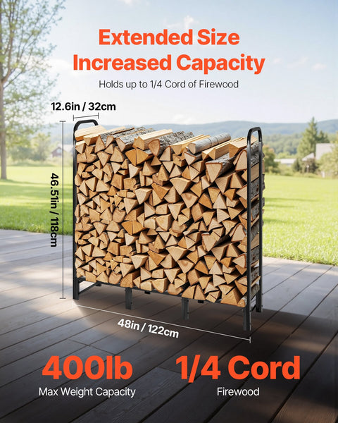 Vevor Firewood Rack With Waterproof Cover 1.22M Outdoor Holder 1/4 Cord Storage Metal Log 400Lb Max Weight Capacity Top Covered Powder Coated Wood For