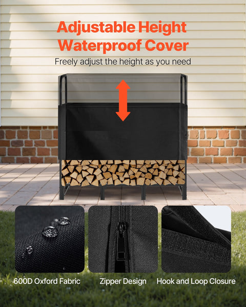 Vevor Firewood Rack With Waterproof Cover 1.22M Outdoor Holder 1/4 Cord Storage Metal Log 400Lb Max Weight Capacity Top Covered Powder Coated Wood For
