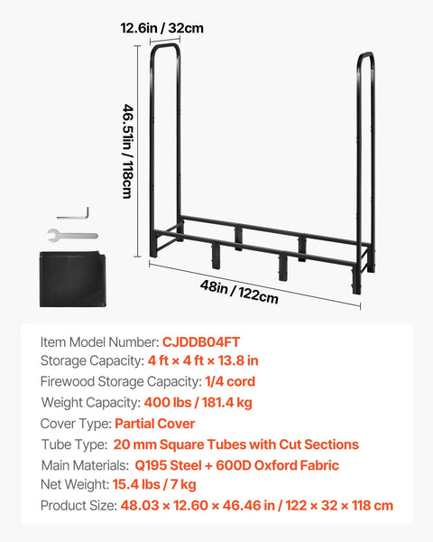Vevor Firewood Rack With Waterproof Cover 1.22M Outdoor Holder 1/4 Cord Storage Metal Log 400Lb Max Weight Capacity Top Covered Powder Coated Wood For