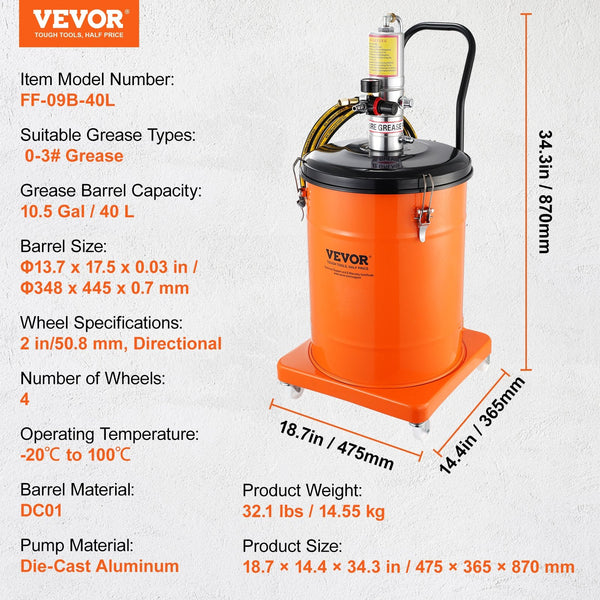 Vevor Grease Pump 40L Capacity Air Operated With 3.88 M High Pressure Hose And Gun Pneumatic Bucket Wheels Portable Lubrication 50:1 Ratio Grease Guns