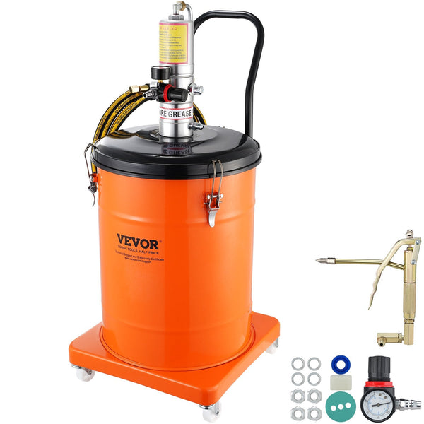 Vevor Grease Pump 40L Capacity Air Operated With 3.88 M High Pressure Hose And Gun Pneumatic Bucket Wheels Portable Lubrication 50:1 Ratio Grease Guns