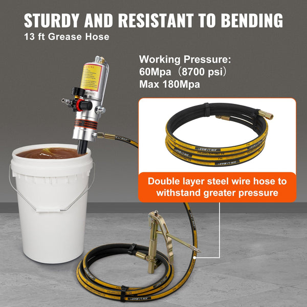 Vevor Grease Pump 50:1 Pressure Ratio Air Operated With 3.88 M High Hose And Gun Pneumatic Portable Lubrication 360 Swivel Head Grease Guns