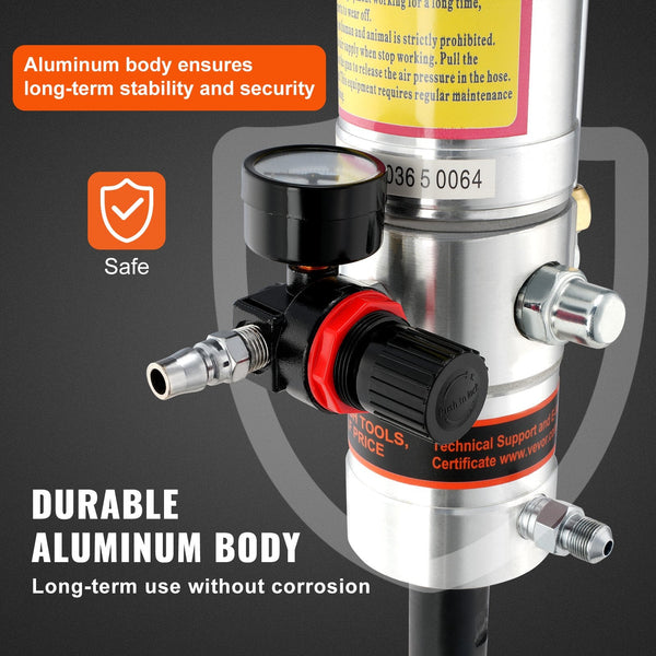 Vevor Grease Pump 50:1 Pressure Ratio Air Operated With 3.88 M High Hose And Gun Pneumatic Portable Lubrication 360 Swivel Head Grease Guns
