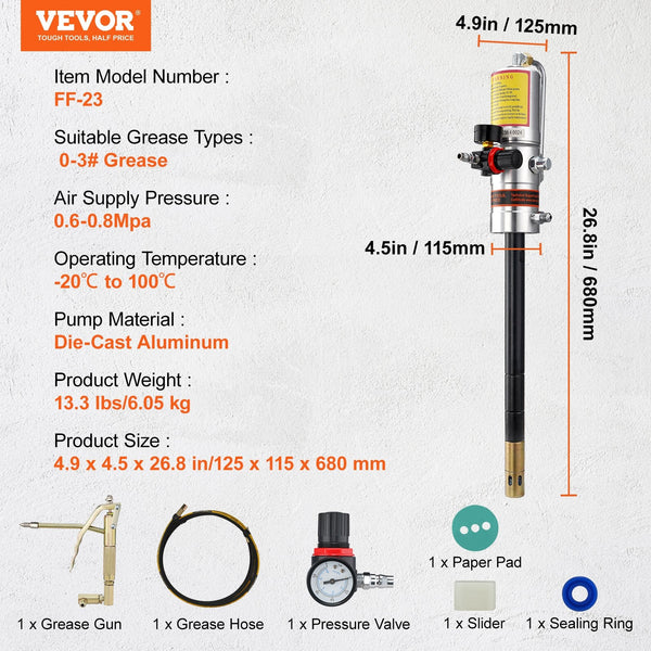 Vevor Grease Pump 50:1 Pressure Ratio Air Operated With 3.88 M High Hose And Gun Pneumatic Portable Lubrication 360 Swivel Head Grease Guns