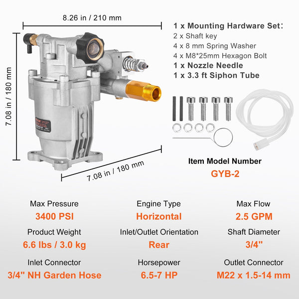 Pressure Washer Pump 19 Mm Shaft Horizontal 3400 Psi 2.5Gpm Replacement Power Pumps Kit Parts Compatible With Honda Simpson Ryobi Briggs & Stratton Su