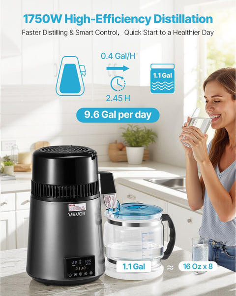 Vevor Water Distiller 4L 1.1 Gallon Pure Purifier Filter For Home Table Countertop 1750W Distilled Maker With Glass Pot Stainless Steel Interior Drink