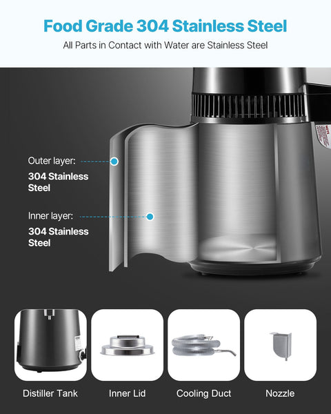 Vevor Water Distiller 4L 1.1 Gallon Pure Purifier Filter For Home Table Countertop 1750W Distilled Maker With Glass Pot Stainless Steel Interior Drink
