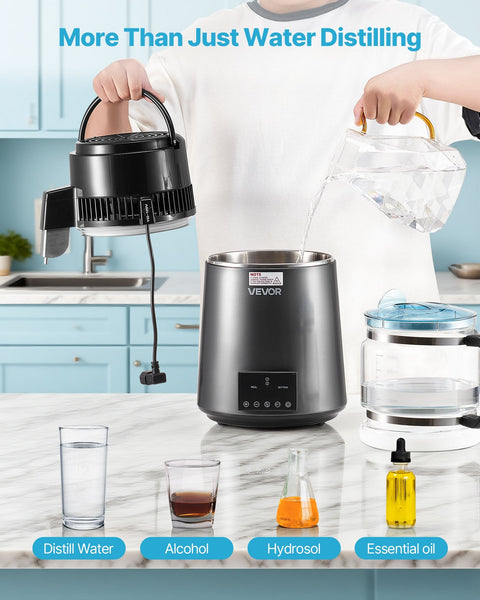 Vevor Water Distiller 4L 1.1 Gallon Pure Purifier Filter For Home Table Countertop 1750W Distilled Maker With Glass Pot Stainless Steel Interior Drink