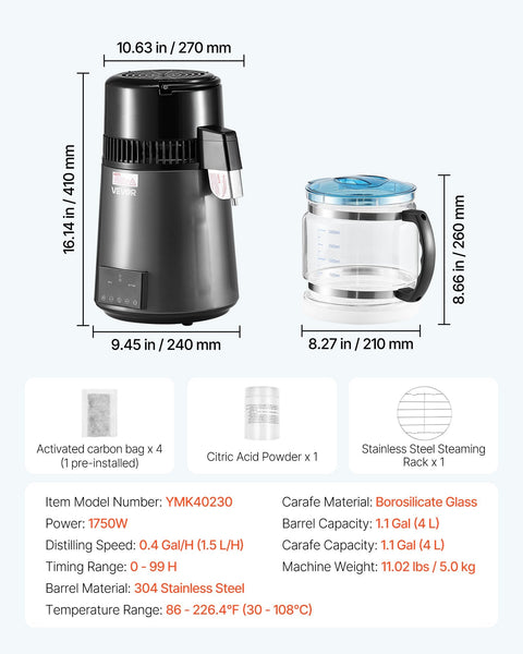 Vevor Water Distiller 4L 1.1 Gallon Pure Purifier Filter For Home Table Countertop 1750W Distilled Maker With Glass Pot Stainless Steel Interior Drink