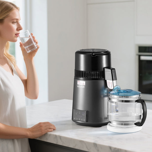 Vevor Water Distiller 4L 1.1 Gallon Pure Purifier Filter For Home Table Countertop 1750W Distilled Maker With Glass Pot Stainless Steel Interior Drink