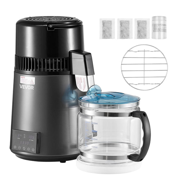 Vevor Water Distiller 4L 1.1 Gallon Pure Purifier Filter For Home Table Countertop 1750W Distilled Maker With Glass Pot Stainless Steel Interior Drink