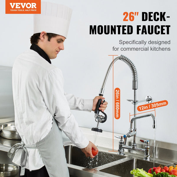 Vevor Commercial Faucet With Pre Rinse Sprayer 26" Height 8" Center 12" Swing Spout Deck Mount Kitchen Sink Brass Constructed Device Pull Down For 1/2