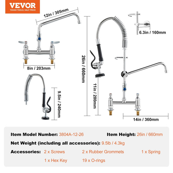 Vevor Commercial Faucet With Pre Rinse Sprayer 26" Height 8" Center 12" Swing Spout Deck Mount Kitchen Sink Brass Constructed Device Pull Down For 1/2