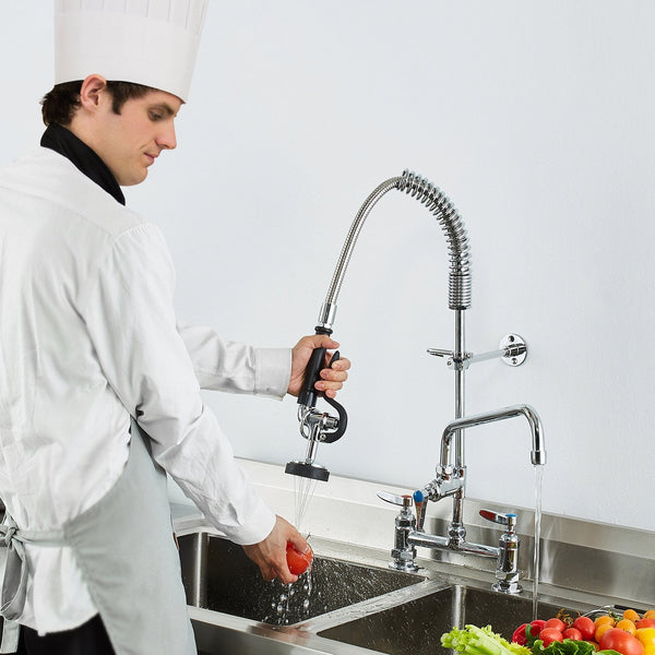 Vevor Commercial Faucet With Pre Rinse Sprayer 26" Height 8" Center 12" Swing Spout Deck Mount Kitchen Sink Brass Constructed Device Pull Down For 1/2