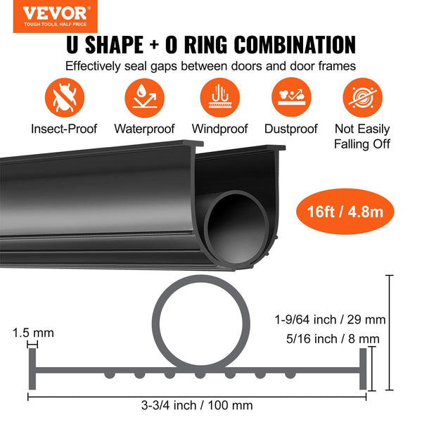Garage Door Seals Bottom Rubber U Shape +O Ring Combination Weather 16Ft Weatherproofing 5/16 Inch T Ends And 3 3/4 Width For Doors Black Garage Door