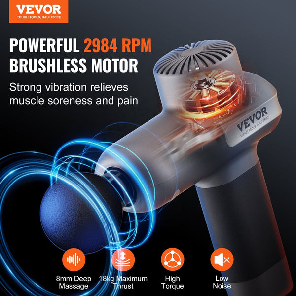 Vevor Massage Gun Deep Tissue Percussion Muscle Massager For Athletes With 5 Speed Levels & 6 Heads 7.4V 2500Mah Batteries Handheld Electric Pain Reli